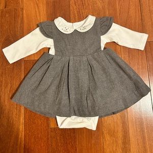 Jacadi Grey Pinafore Ruffle Dress with White Long Sleeve Body Suit